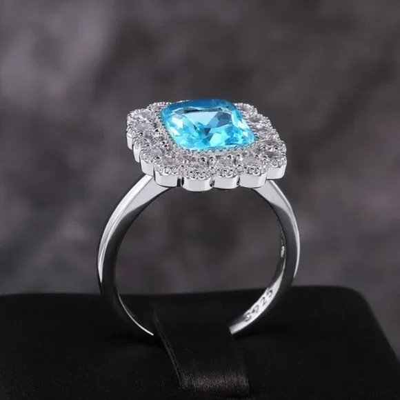NEW Silver Radiant Cut Aquamarine Halo Ring
